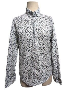 Denim & Flower White Button-Down Shirt with Navy Floral Print Dress Casual Med